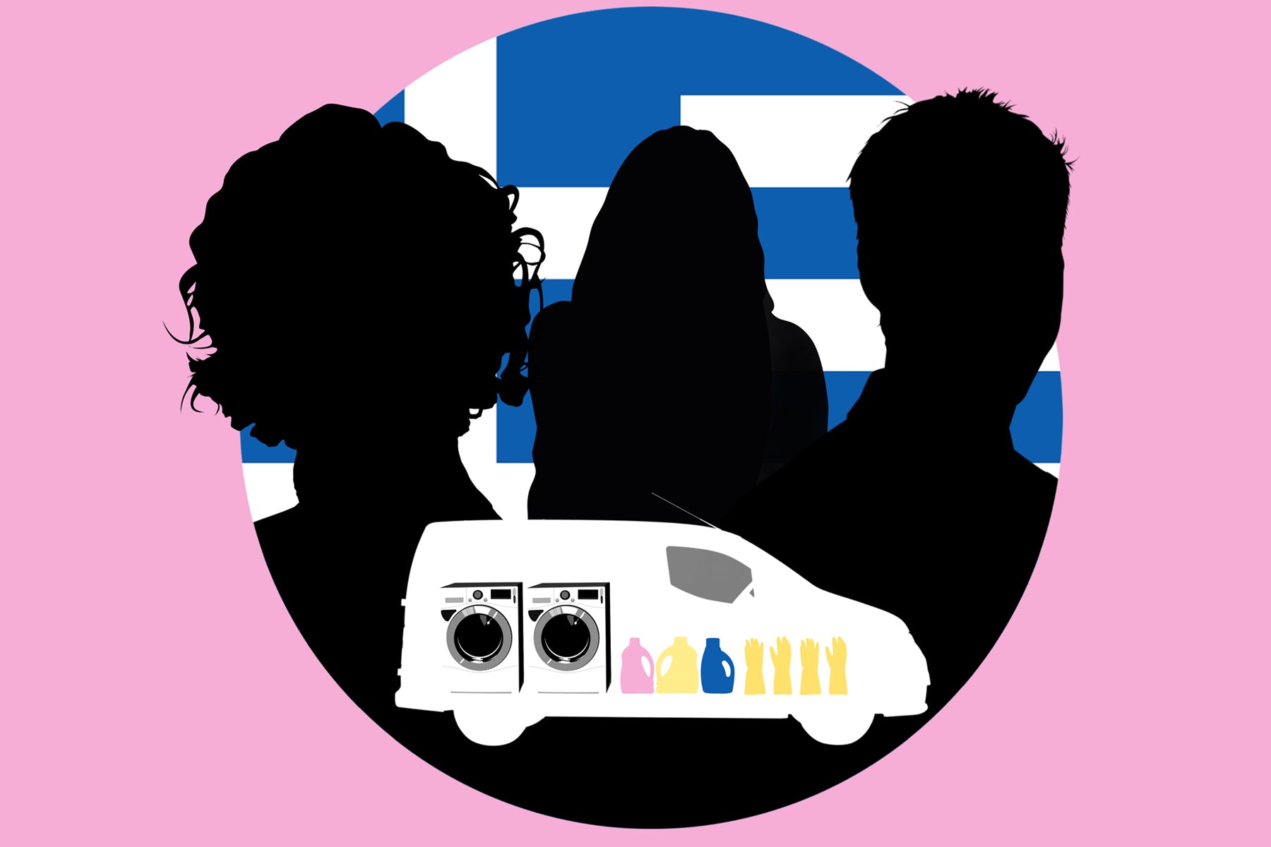 Illustration of three silhouetted figures against a round cut out of the Greek flag, above a white Ithaca Laundry van with washing machines and supplies.