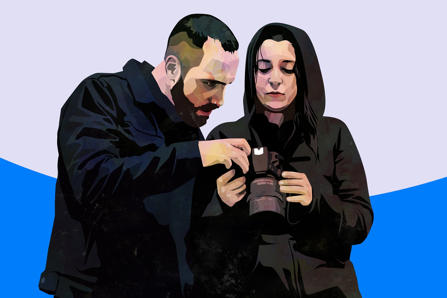 Illustration of Gilad Cohen, founder of JAYU, looking at a DSLR camera with a female student.
