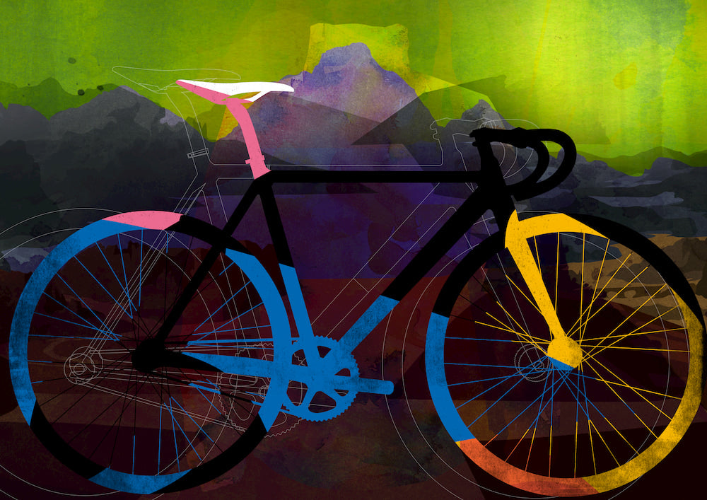Illustration of a colorful bike silhouette against a backdrop of mountains and a green sky