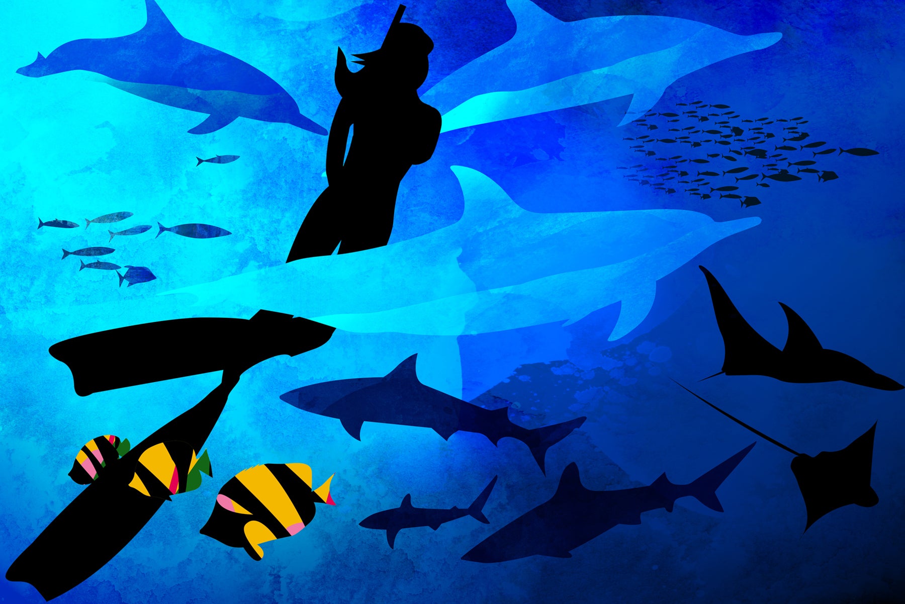 Illustrated image of Natalie Parra, founder of Keiko Conservation, scuba-diving in bright blue water, surrounded by marine life.