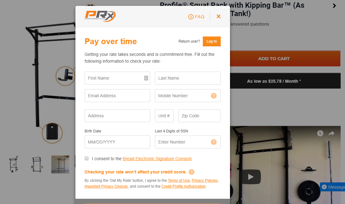 bread financing app in PRX performance store