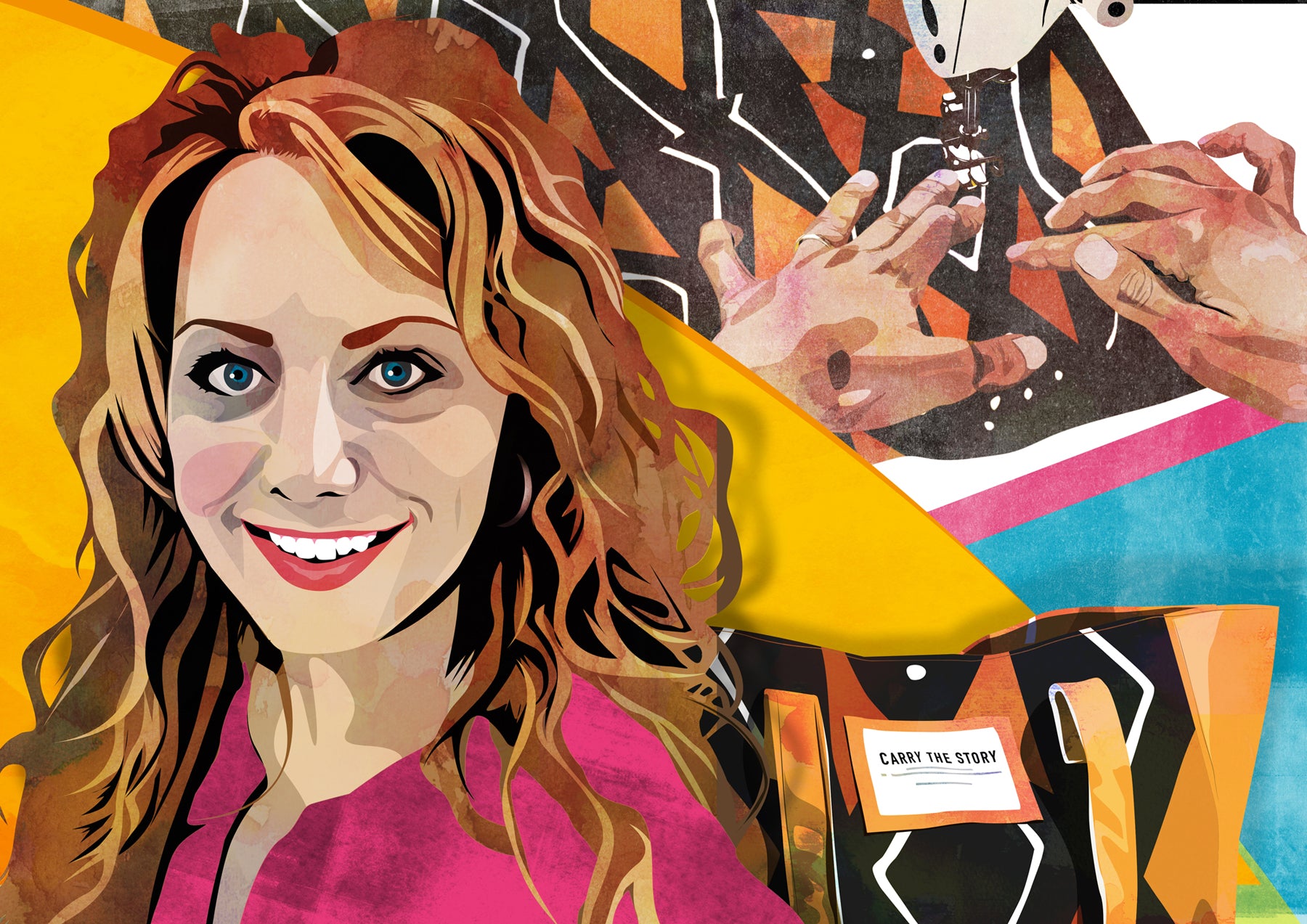 Illustration of Rebecca Sandberg, founder of social change brand The Re:New Project. Behind her is a closeup image of hands sewing fabric and a bag that reads "Carry the Story".