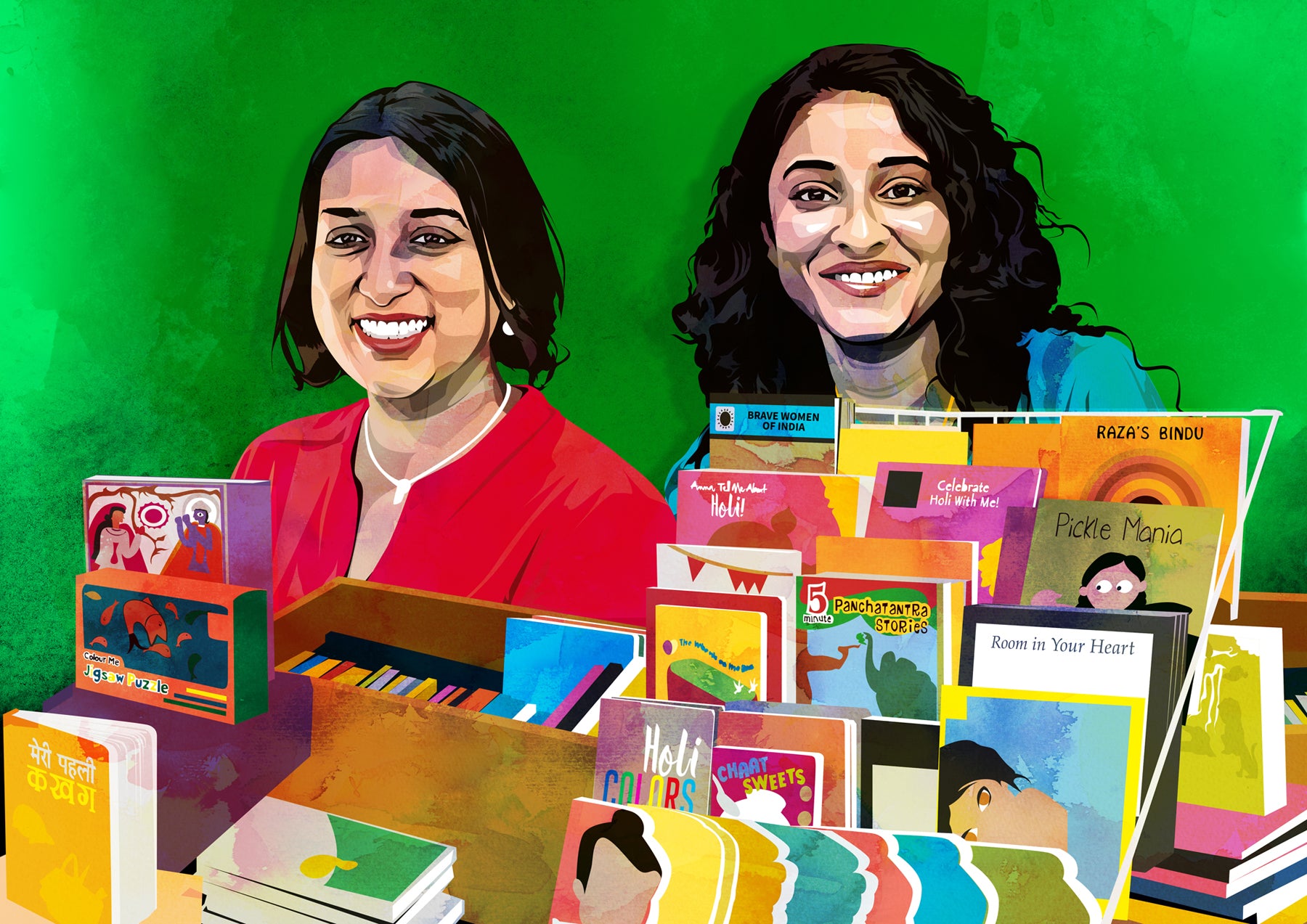 Illustration of Gauri Manglik and Sadaf Siddique, founders of Kitaabworld, amongst a display of children's books.