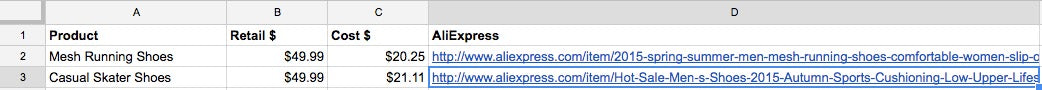 AliExpress verkoper Excel sheet