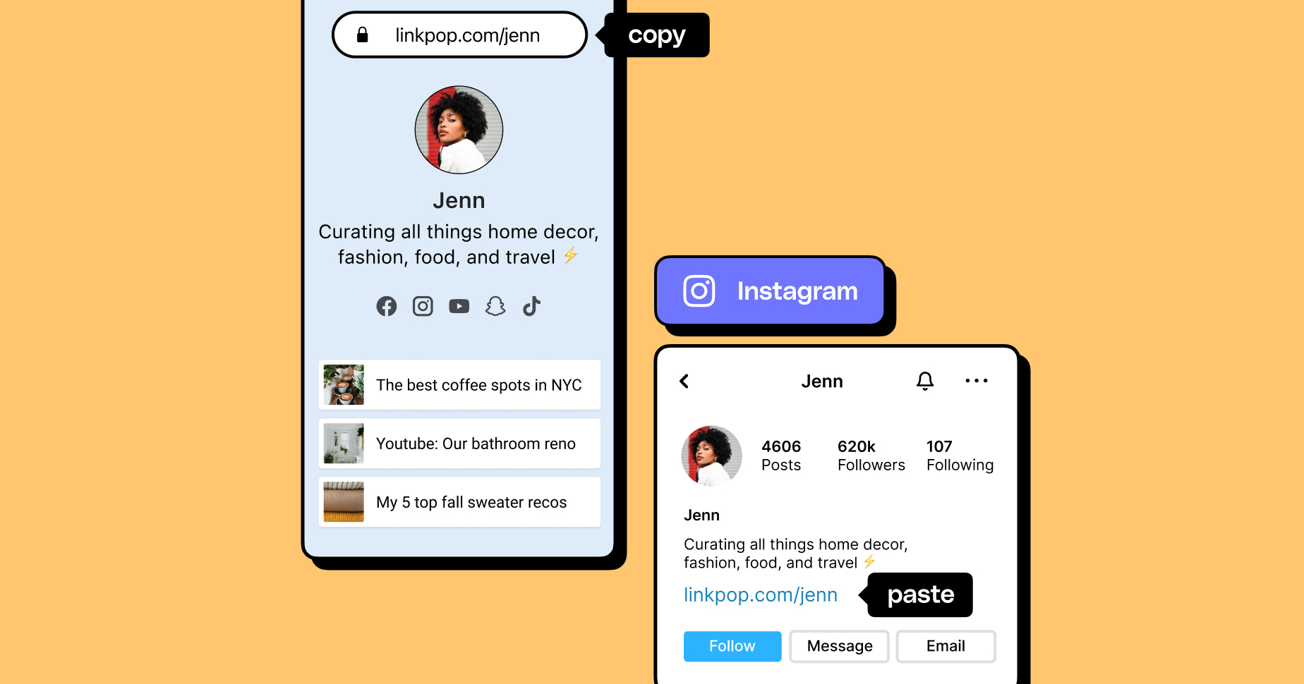 Linkpop user interface depicting a Linkpop URL being copied and pasted into Instagram social bio