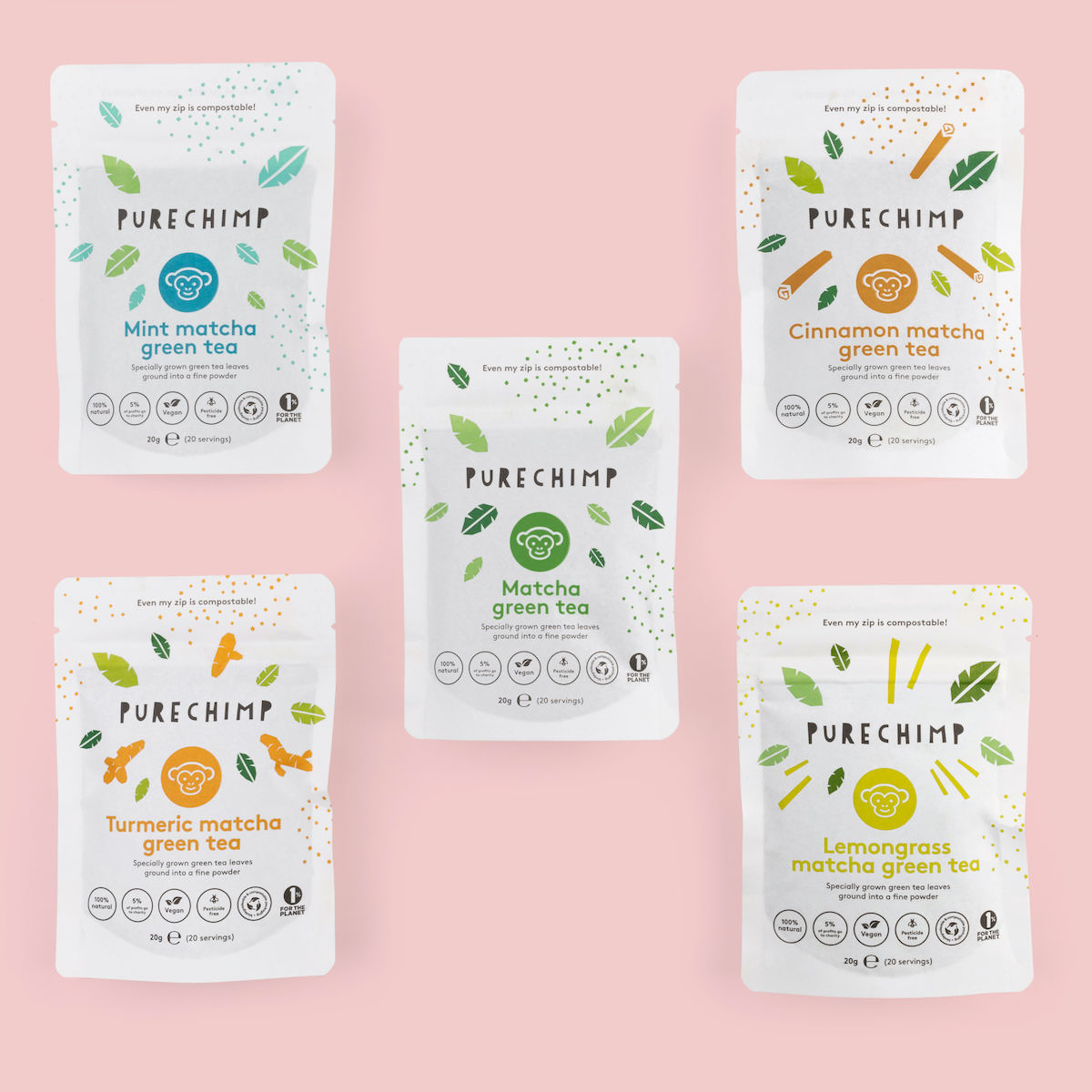 A selection of 5 matcha flavours offered by PureChimp against a pink background.