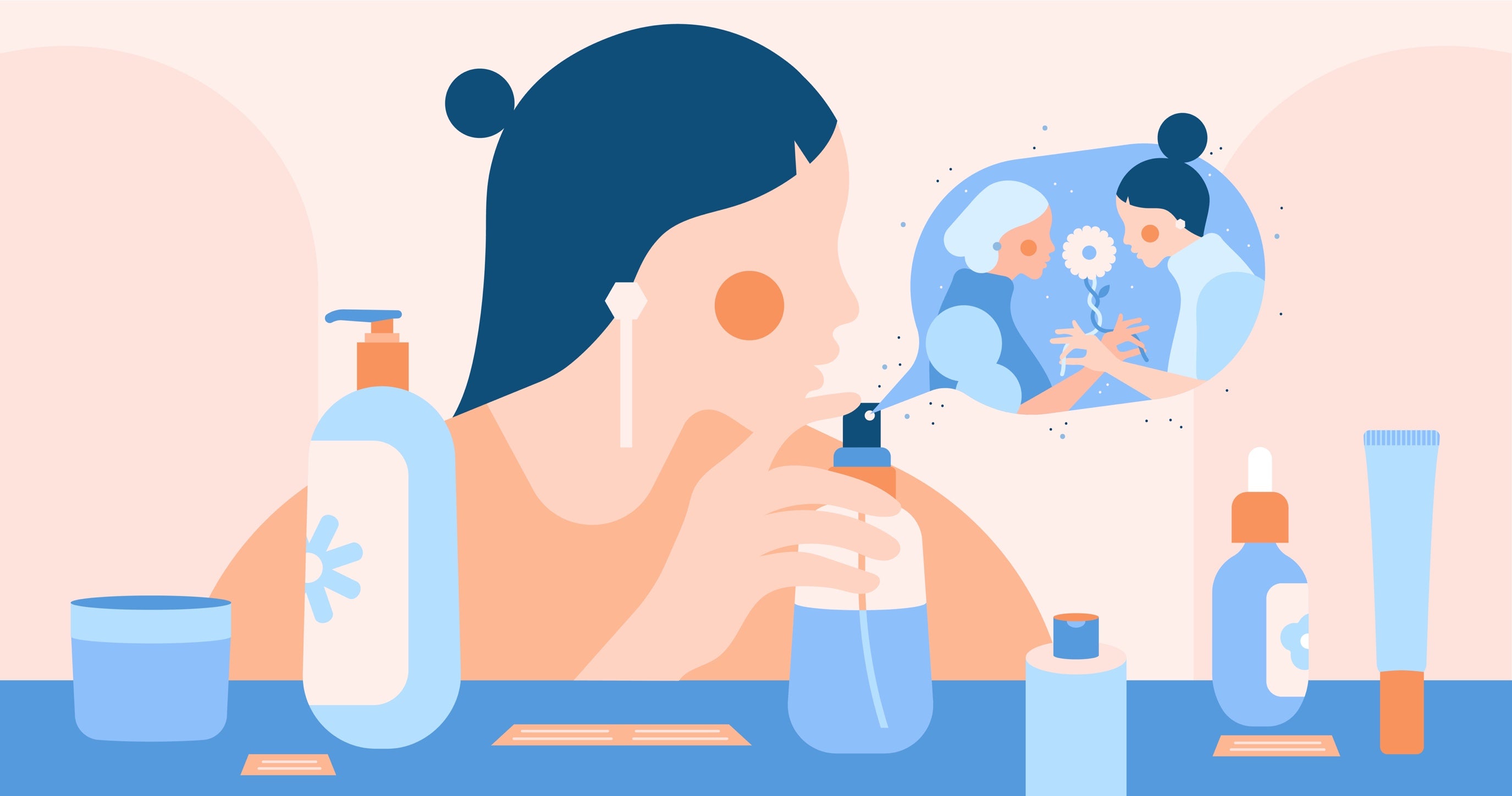 Illustratie van een jonge vrouw die huidverzorgingsproducten uitprobeert terwijl twee figuren met elkaar in gesprek zijn in een wolk van parfum