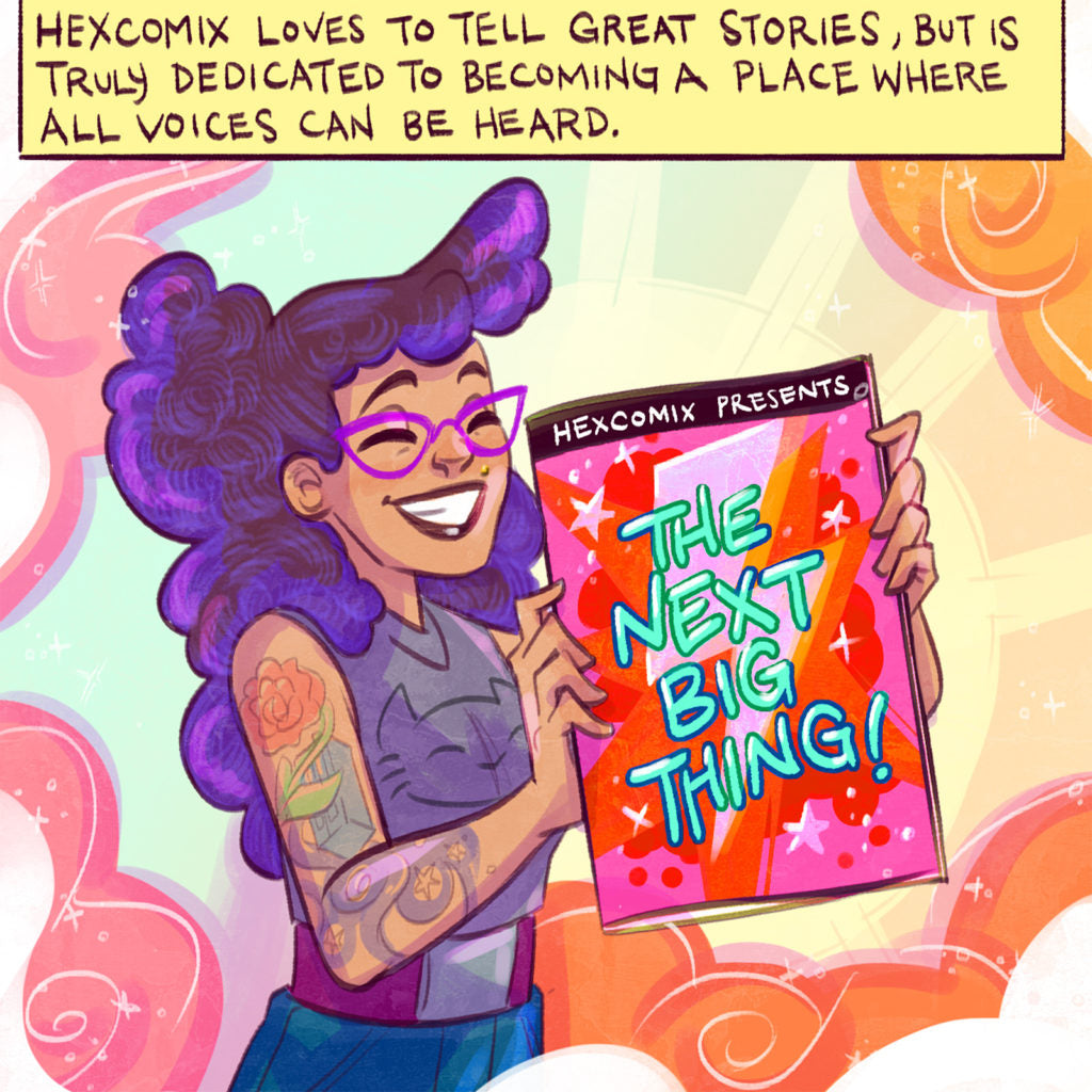 Comic of a tattooed woman holding an issue of a HexComix comic