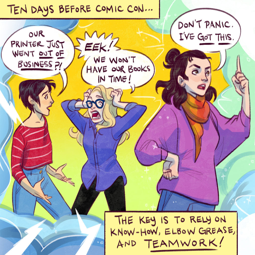 Comic of HexComix team Lynly Forrest, Lisa K. Weber, and Kelly Sue Milano worrying about their printer going out of business