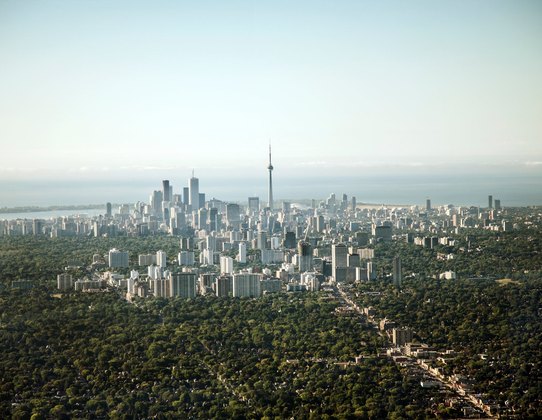 Aerial photograph of Toronto, Canada, facing south towards Lake Ontario.