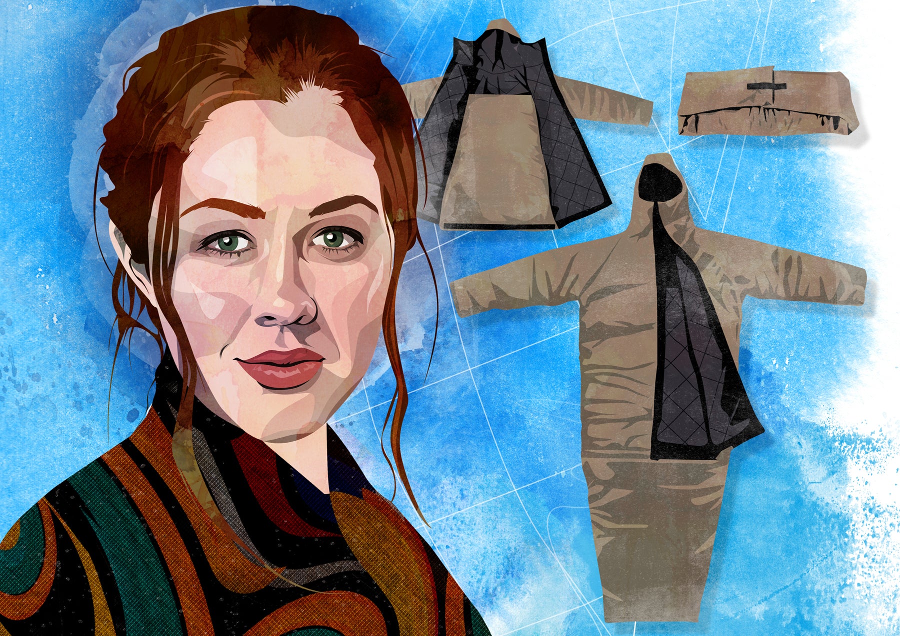 Illustration of Veronika Scott, founder of The Empowerment Project. Her EMPWR coat is visible in the background as a coat and as a sleeping bag.