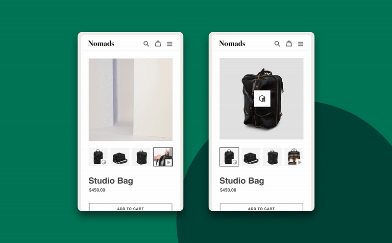 Animated GIF of Nomads product pages displaying videos and 3D versions of various bags and products.