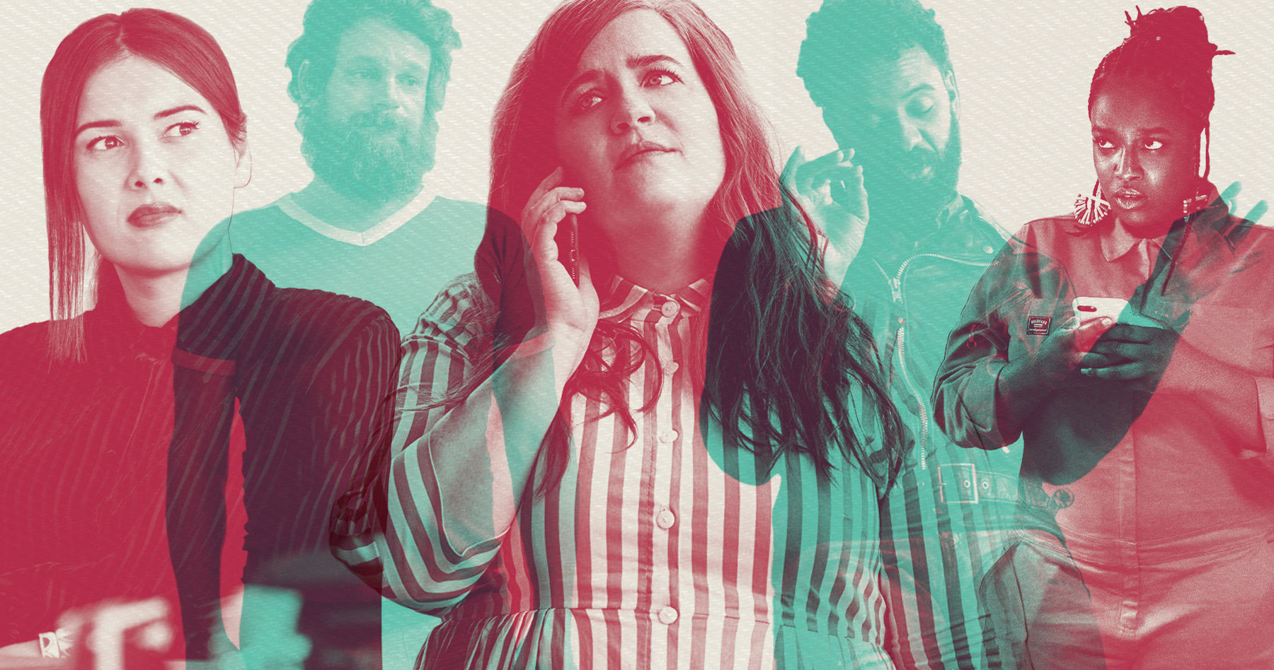 Photo collage of the cast of Shrill. From left to right Ruthie (Patti Harrison), Ryan (Luka Jones), Annie Easton (Aidy Bryant), Amadi (Ian Owens), and Fran (Lolly Adefope).