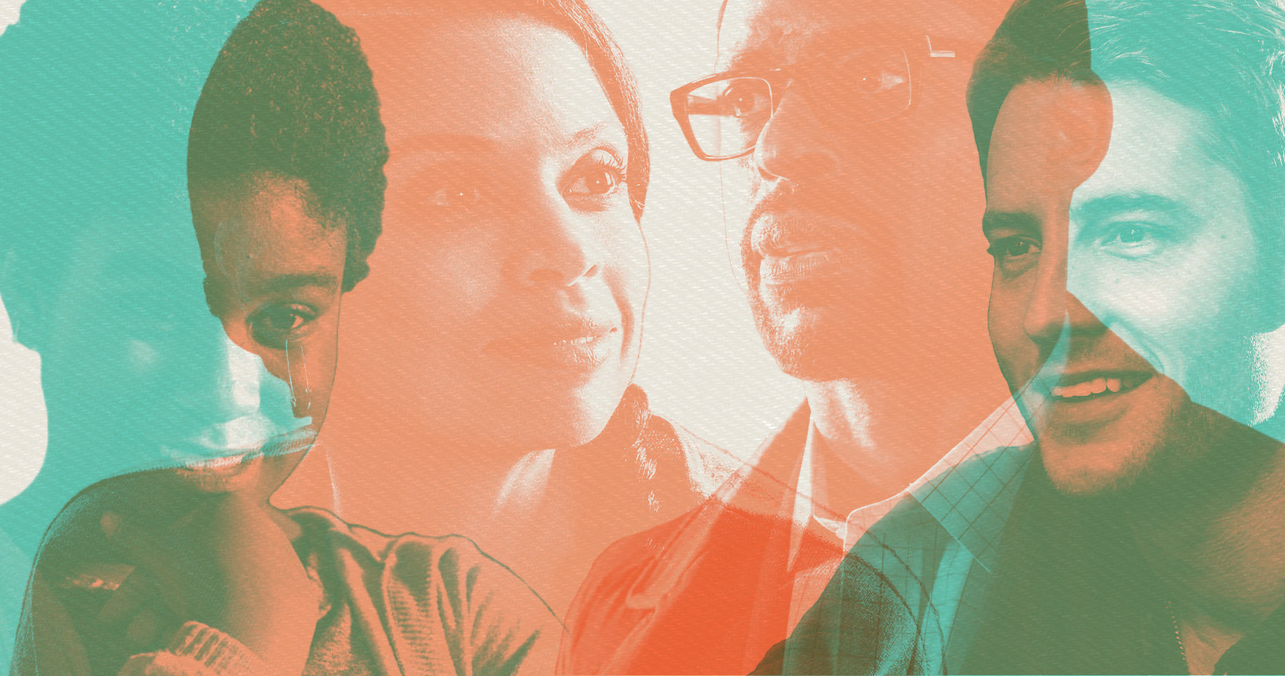 Photo collage of four characters from This Is Us. From left to right, Deja (Lyric Ross), Beth Pearson (Susan Kelechi Watson), Randall Pearson (Sterling K Brown)and Kevin (Justin Hartley). 