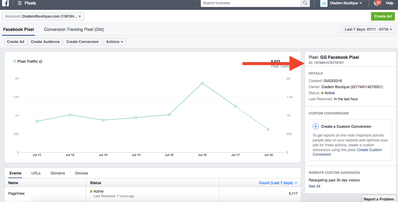 Screenshot of Facebook pixel performance