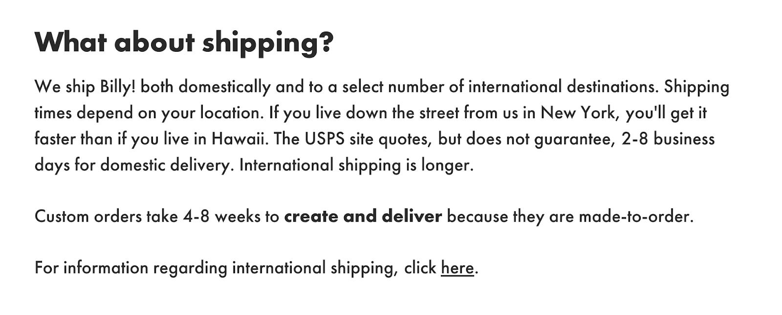 Billy!'s shipping FAQ