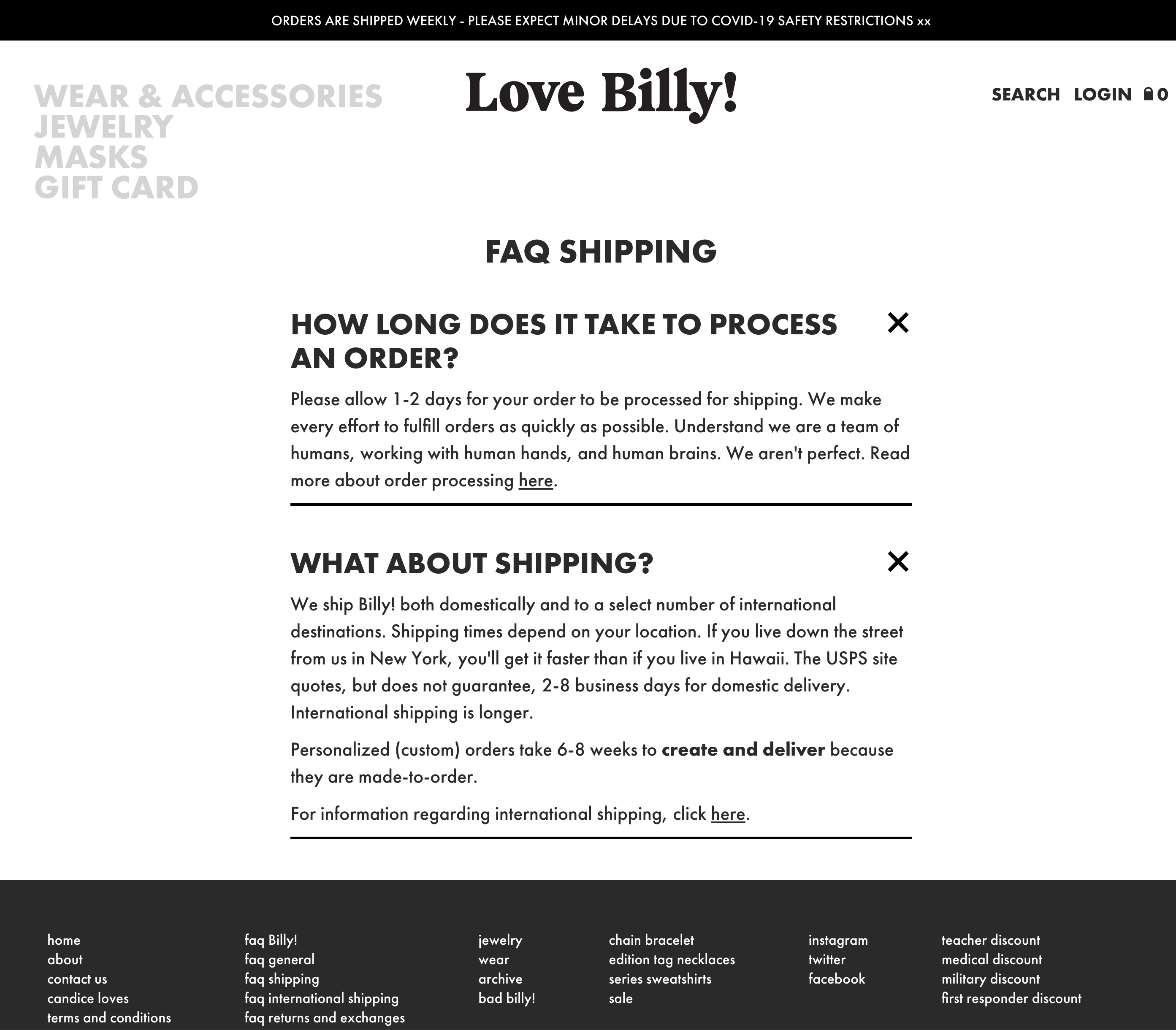 billy! shipping policy