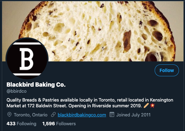 Screenshot of Blackbird Bakery's Twitter profile