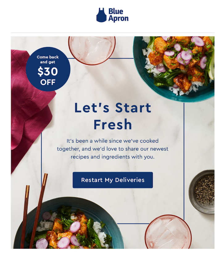 e-mail desconto para retomar contato Blue Apron