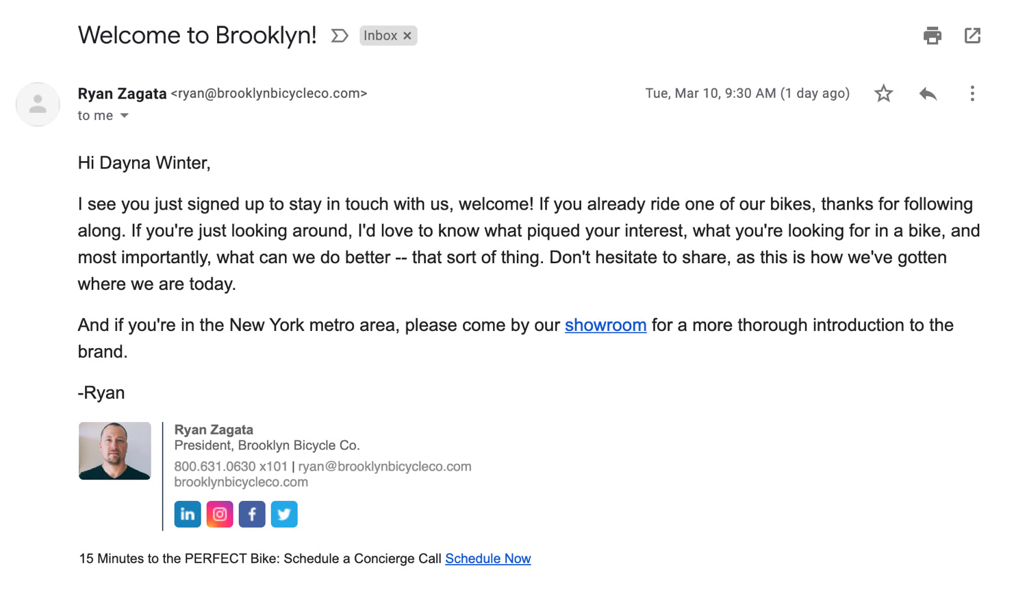 Persoonlijke e-mail van Brooklyn Bicycle
