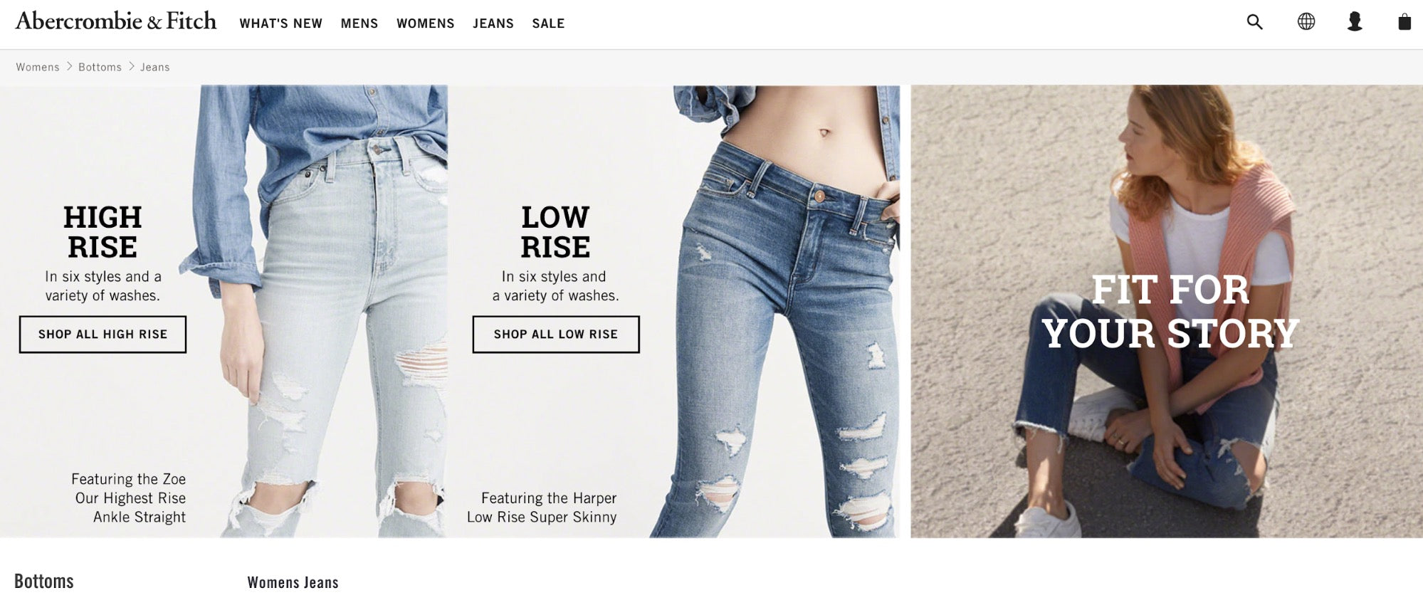 Jeans category landing page example on Abercrombie and Fitch website