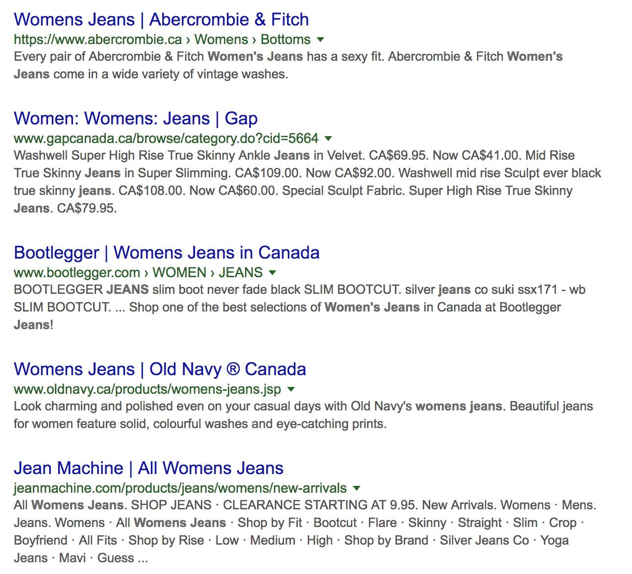 SERP for women's jeans showing many search results