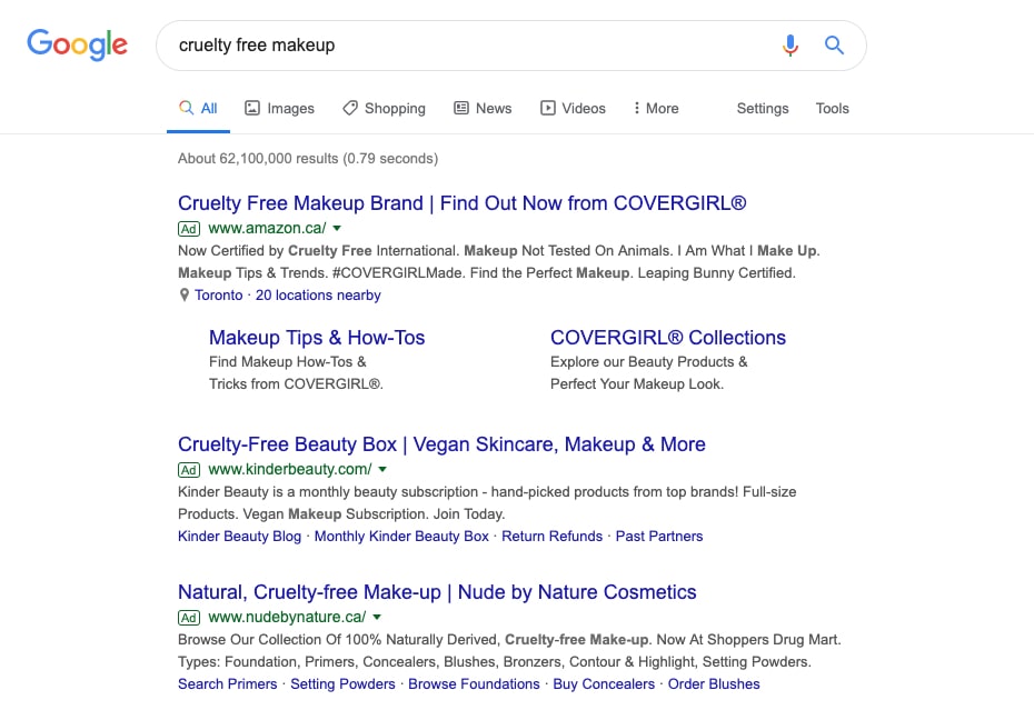 google search for the cruelty free makeup niche