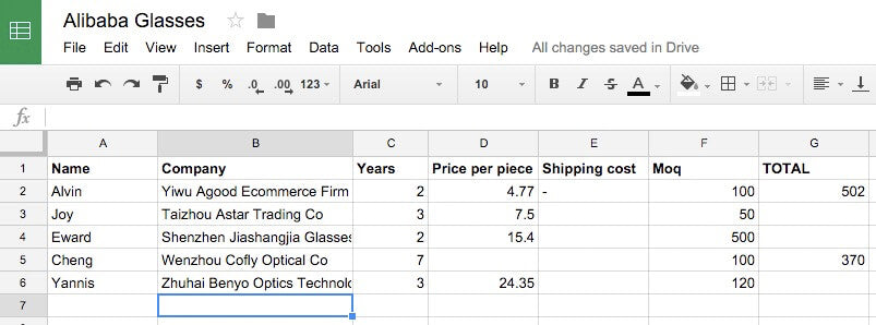 Alibaba supplier spreadsheet