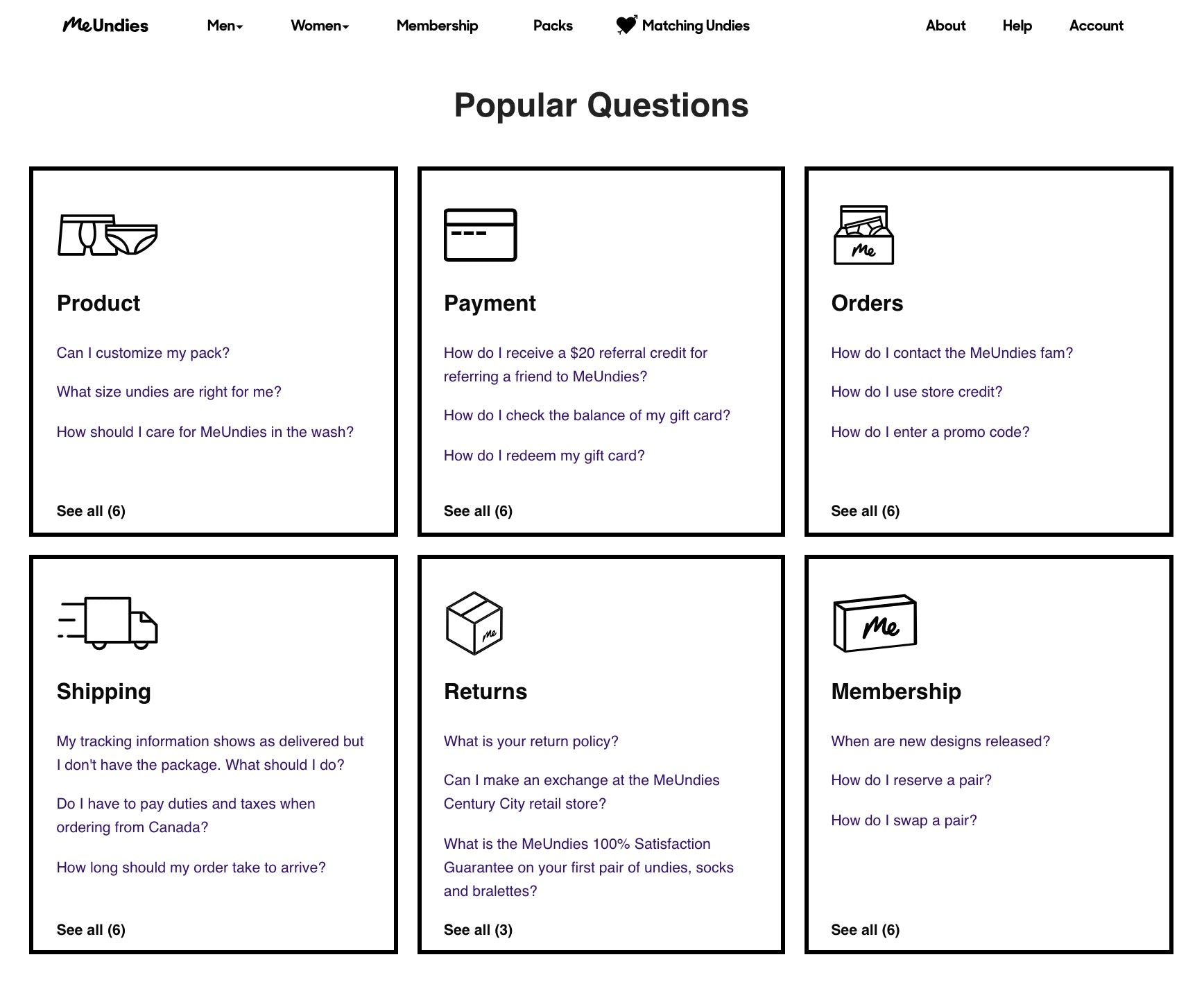 Screenshot van de meestgestelde vragen aan ondergoed-webwinkel MeUndies.