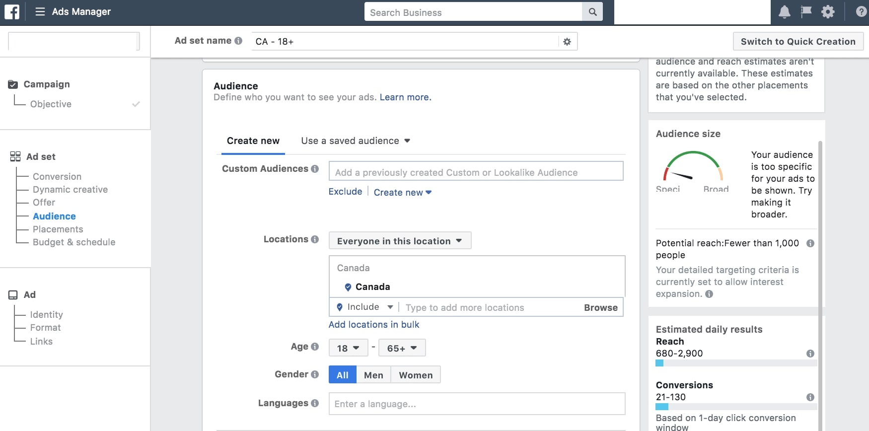 setting audiences within facebook ad sets