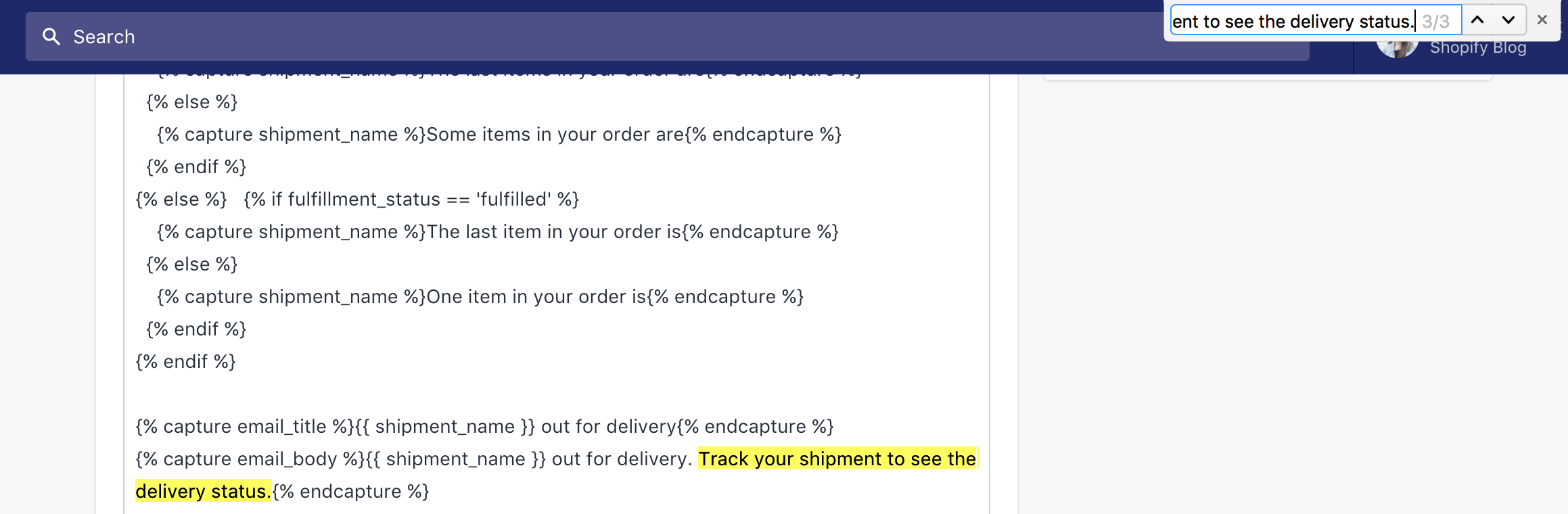 How to find text in a template shipping notification 