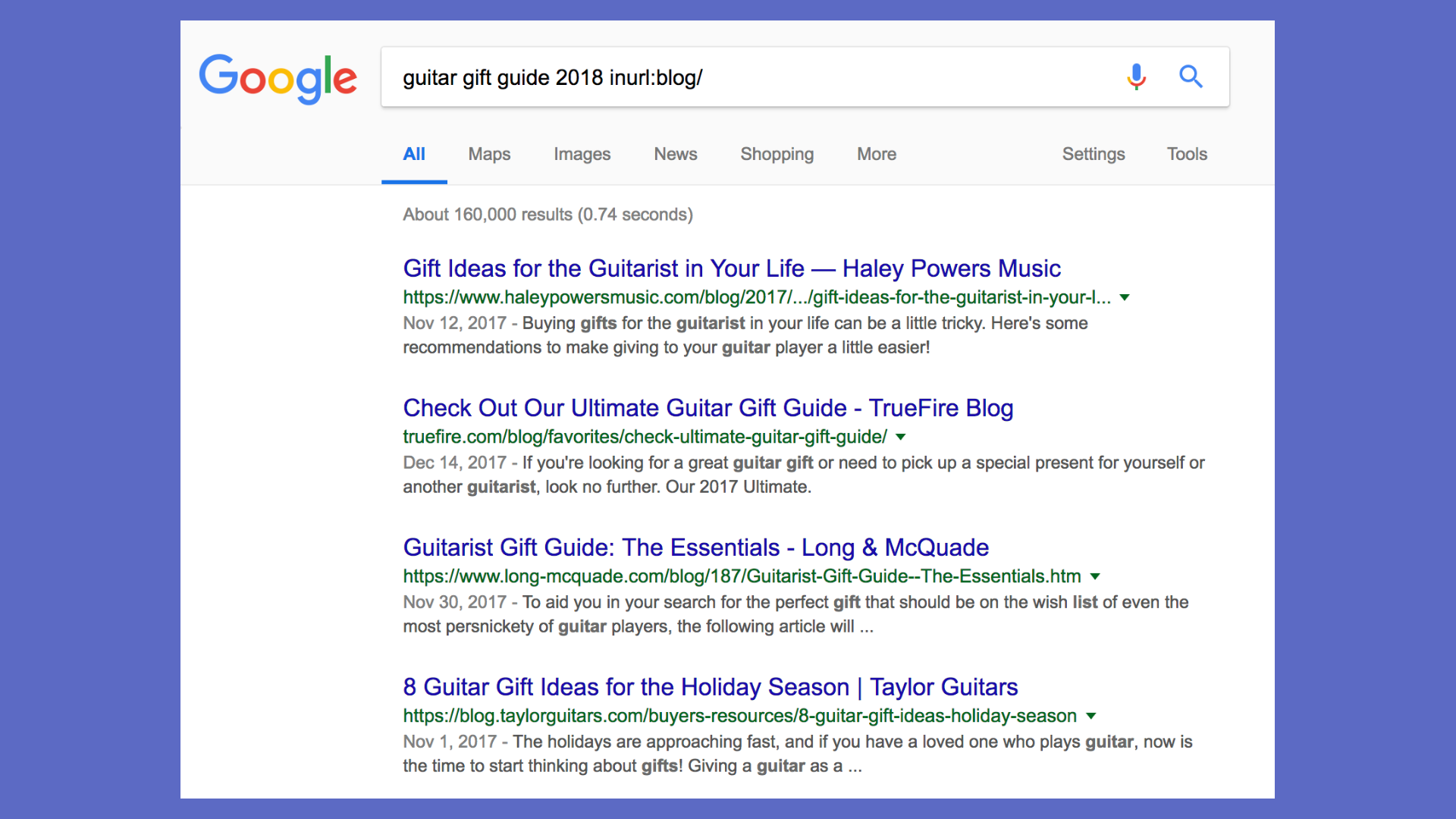 Gift guide in search results.