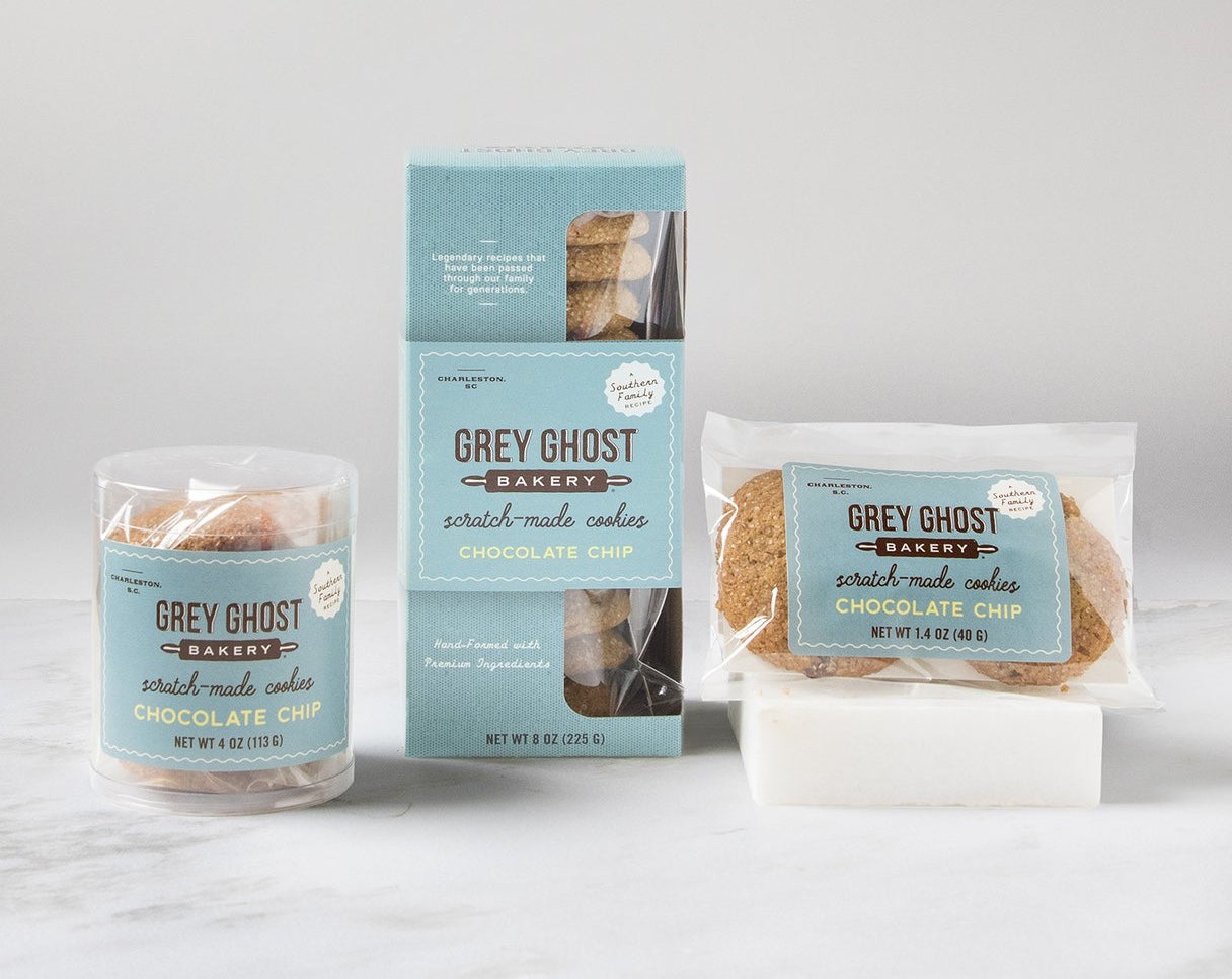 Grey Ghost chocolate chip cookie packages in 3 styles