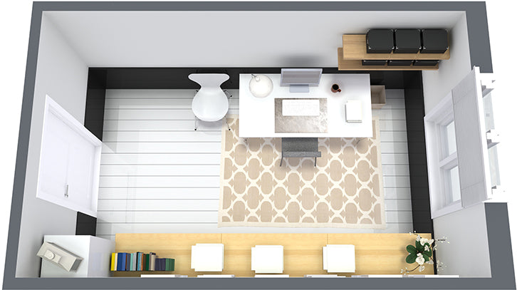Das Home-Office-Layout in einer 3D Ansicht des Tools Room Sketcher.