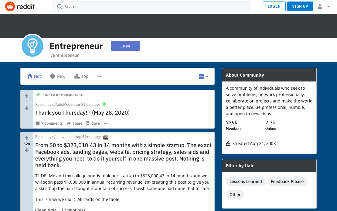 Example of a sub Reddit about Entrepreneurship which is a great place to share your business to drive traffic to your website