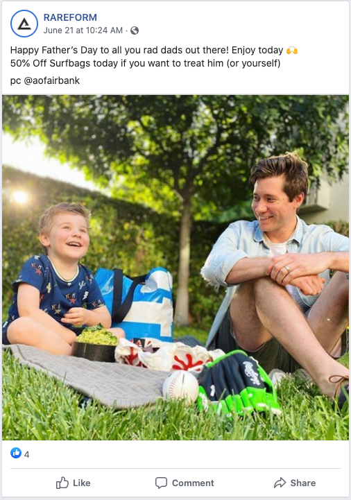 Example of the brand Rareform's Facebook post to drive traffic to their products during a Father's day promotion