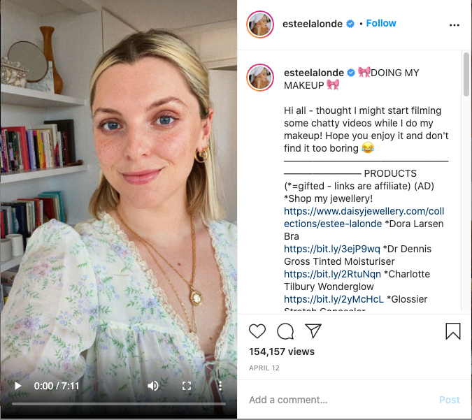 Instagram influencer, Estee Lalonde, sharing a video update on Instagram about the makeup she uses in her routine