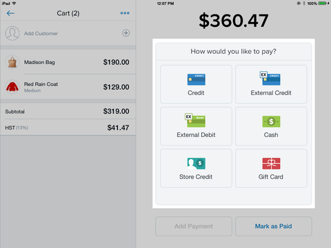 Screenshot of payment options in checkout