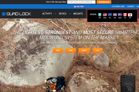 Screenshot of Quad Lock's website with multiple country options