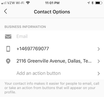 Contact options to edit in an Instagram bio