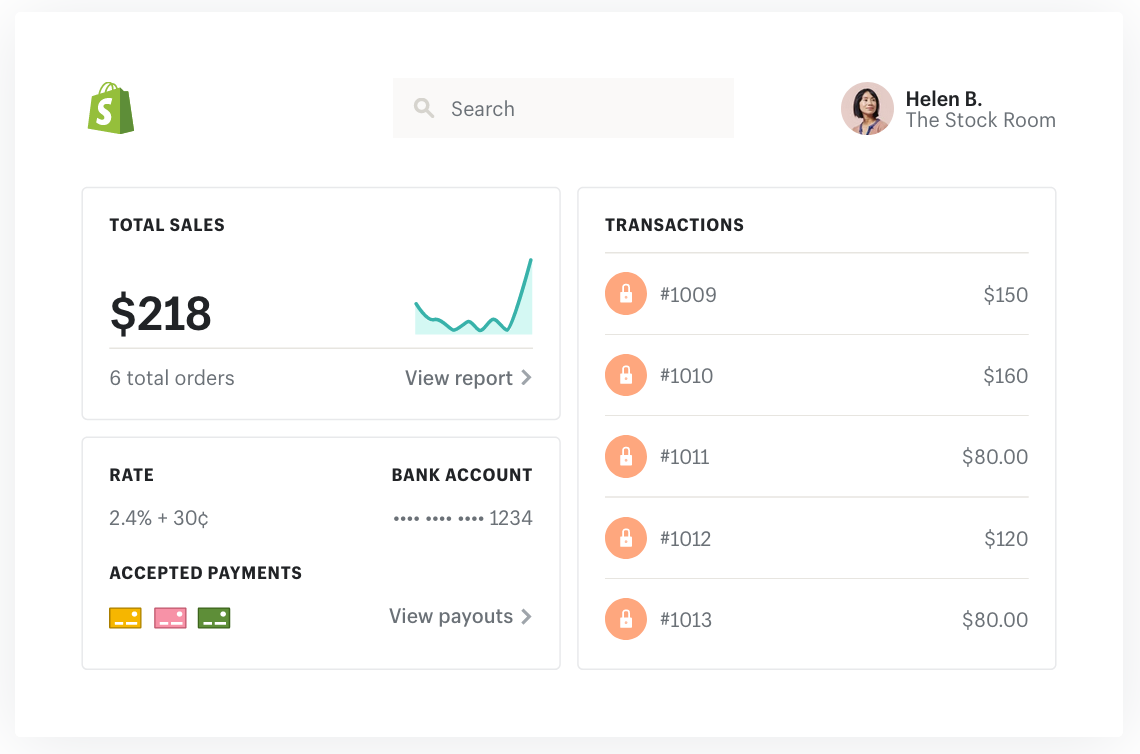 shopify payments dashboard showing sales and transactions