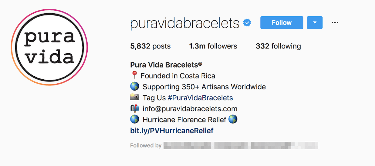 Biografia Instagram braccialetti Pura Vida