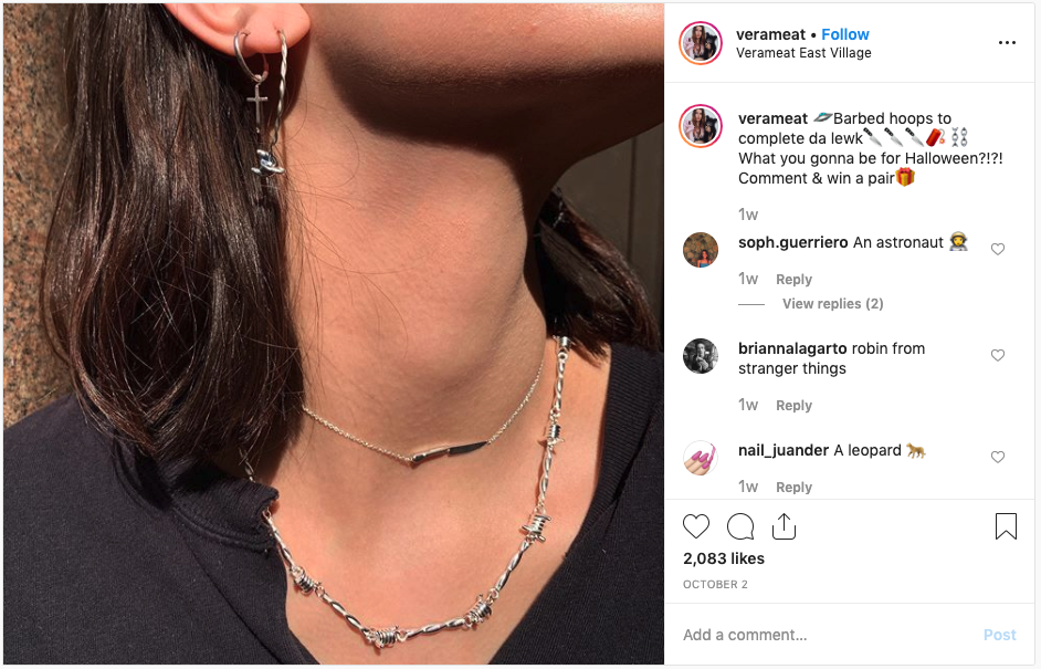 Verameat has opted to use an Instagram caption with a selfie to show off its new Halloween-themed jewelry collection