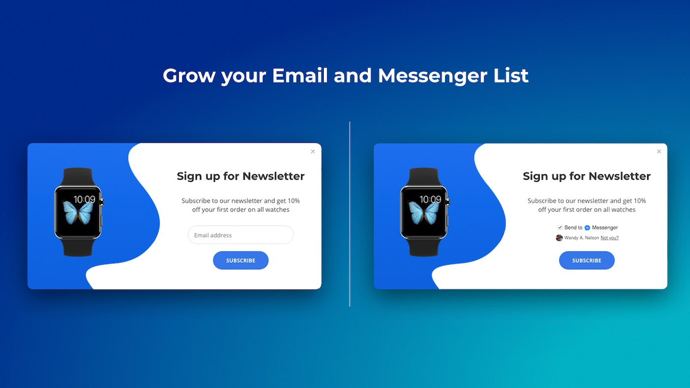 Personizely pop up tool example with options to subscribe via email or Messenger