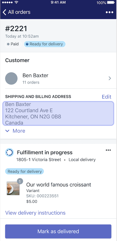 Viewing the customer address for local delivery orders in the Shopify app