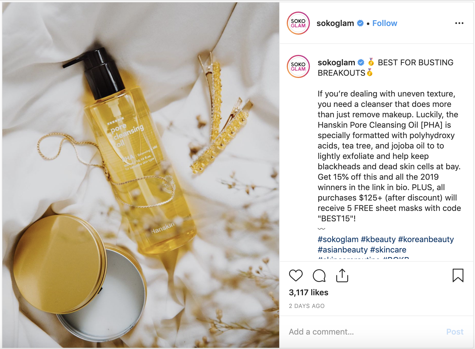 Instagram post with an image of a beauty product with caption copy the describes the product's benefits