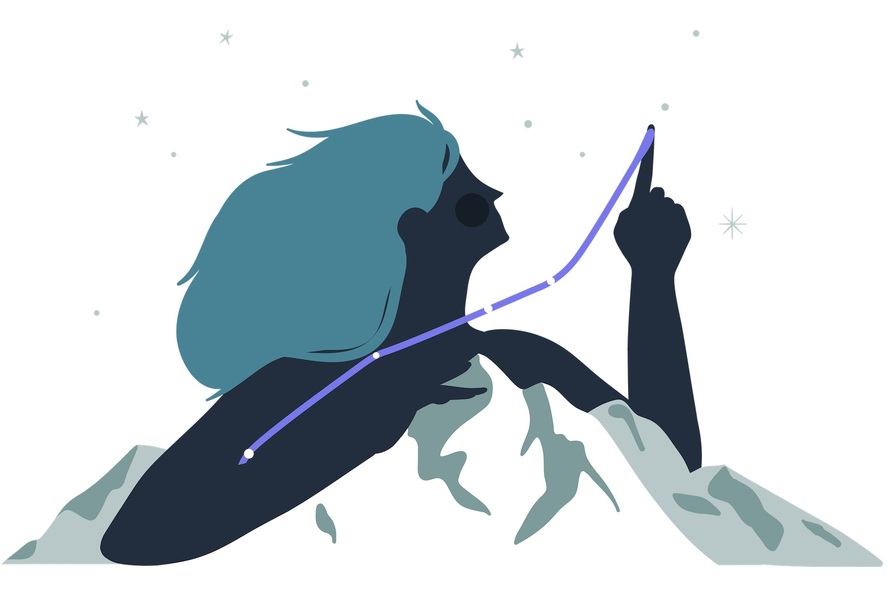 Illustration by Alice Mollon depicting The Mountaineer: woman leaning on a mountain painting constellations with her fingers