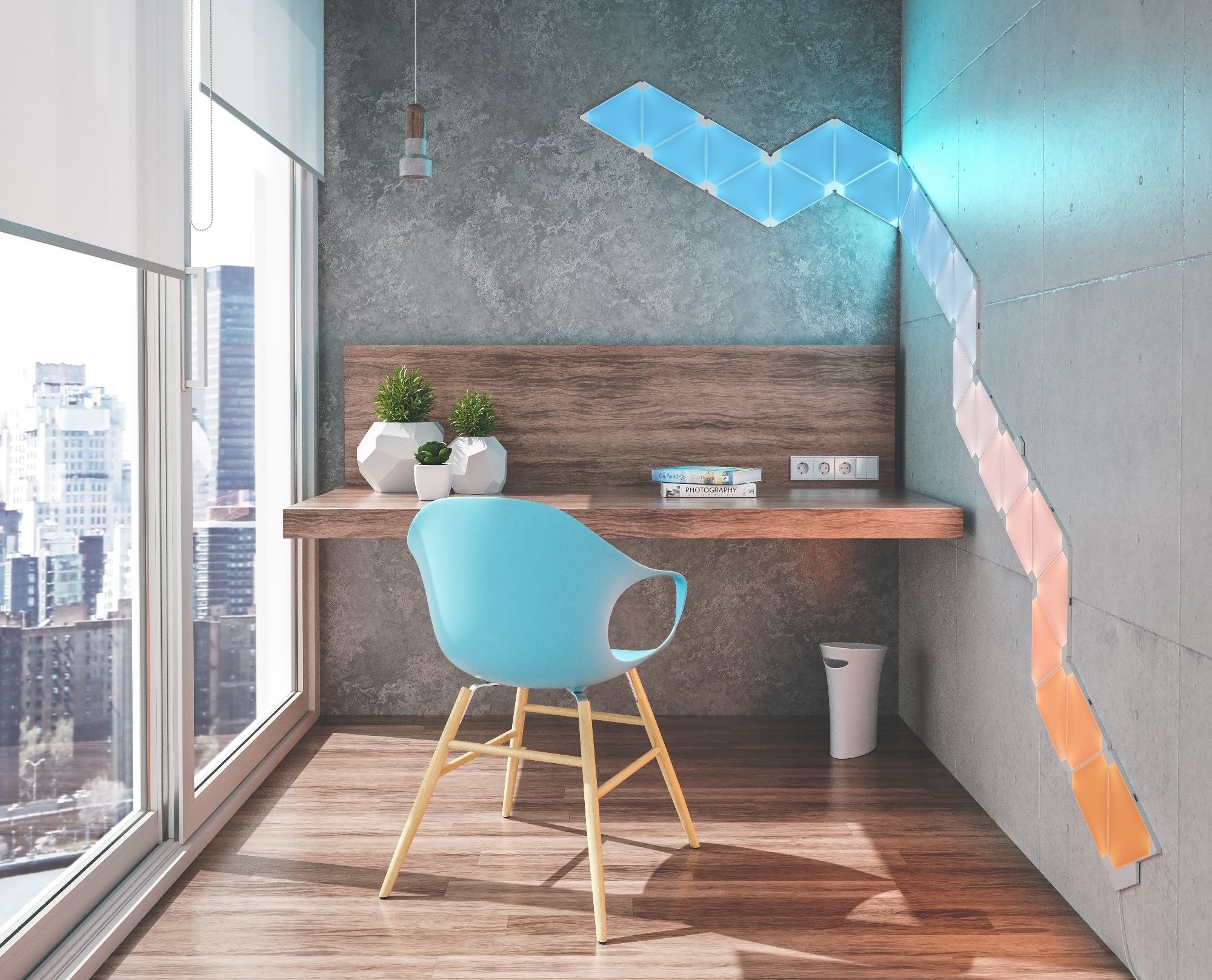 NanoLeaf light-up panels featured on a wall in a home office accented with a light blue chair