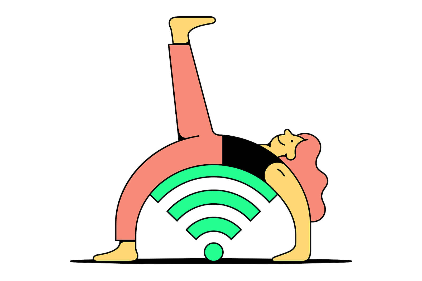 Eine Symbolgrafik, die eine Frau zeigt, die über einem WLAN Symbol Yoga macht. Mit online Kursen kannst auch du Geld in Heimarbeit verdienen.