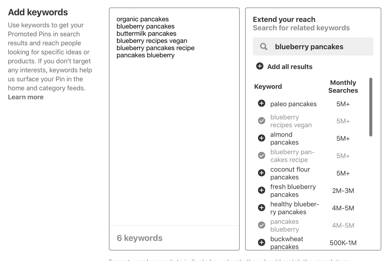 pinterest ads keyword examples